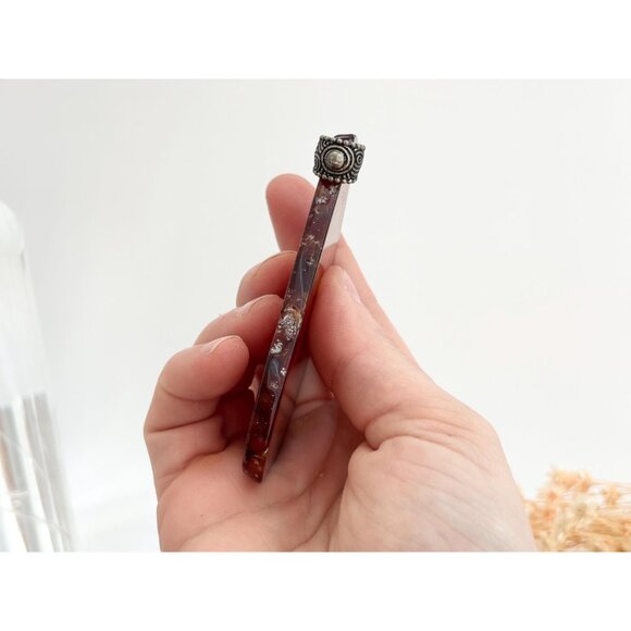 Brown Sliced Agate Stone Freeform Shaped Large Silver Toned Vintage Pendant - Picture 13 of 14